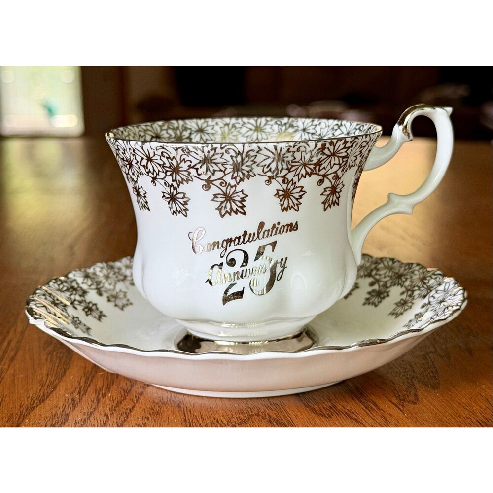 Royal Albert Bone China 25th Anniversary Floral White/Silver Tea Cup & Saucer